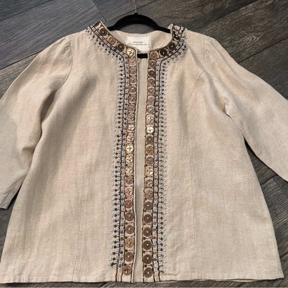 Chicos 100% linen khaki tan Blue beaded 30 Year Collection Embroidered  jacket 2